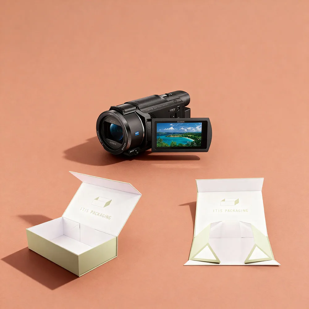 Luxury Camera Packaging Box | Custom Recycled Grey Board Case | Large Magnetic Folding Design with Embossed Finish & Sponge Protection