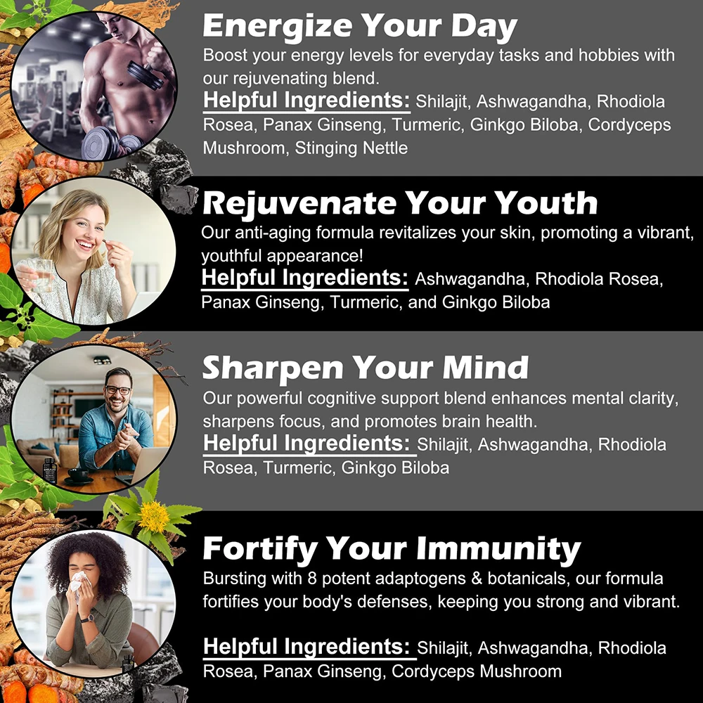 OEM 8-In-1 Shilajit Pure Himalayan Organic Supplement Capsules Adult Energy Boost Rhodiola Rosea Ashwagandha Gingko Biloba