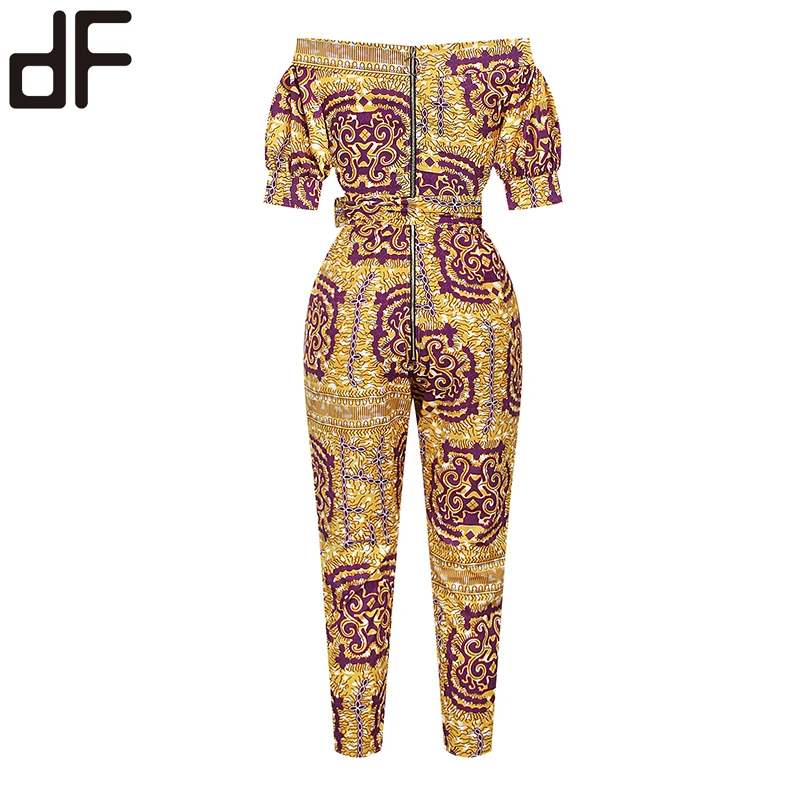 Fashion off Shoulder Offical Lady Women Wear Slim Fit Long African Kitenge  Dress Pants Designs Wholesale Jumpsuits Women 2023