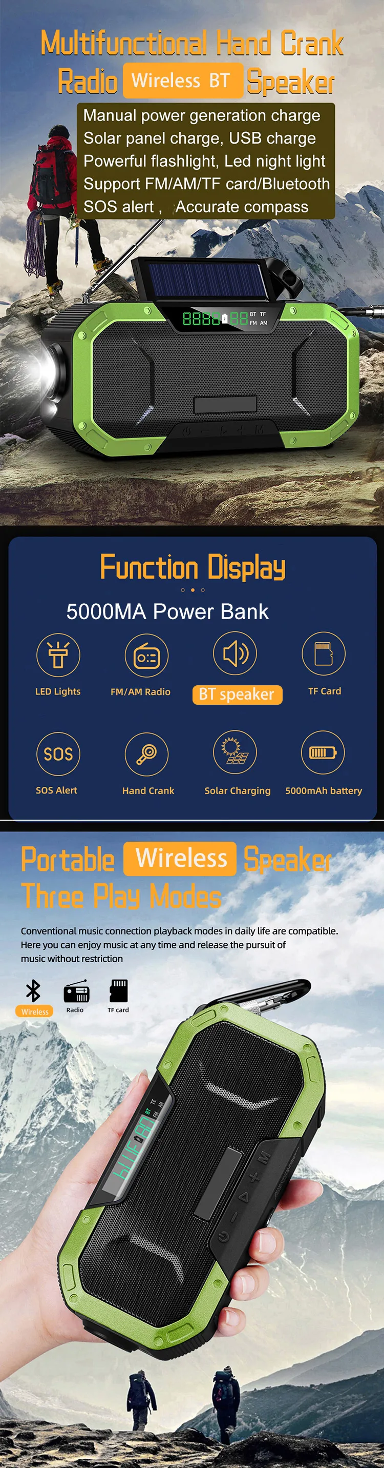D580 Am Fm Emergency Receiver Solar Hand Crank multi speaker   Radio Frequency Machine With Flashlight