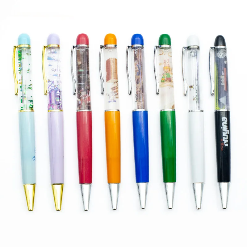 Premium Souvenir Liquid Floating Pen Custom logo Metal Twist Ballpoint Pen Kids Liquid Sand Glitter Ball Pen