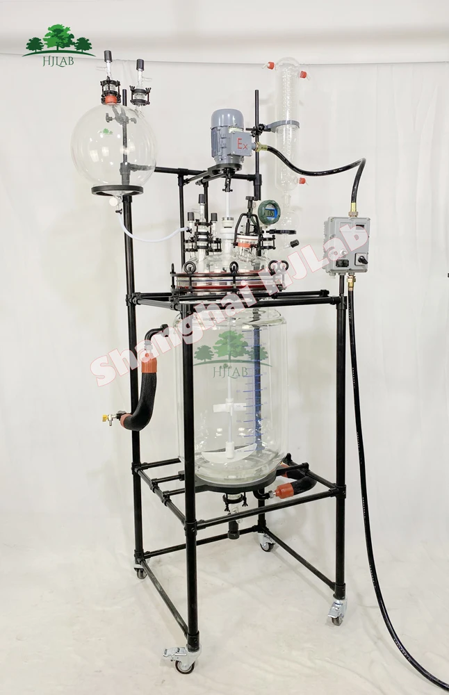 HJLab Customizable Explosion Proof 100L Jacketed Glass Reactor with PTFE Coated and 400mm ID Glass Lid