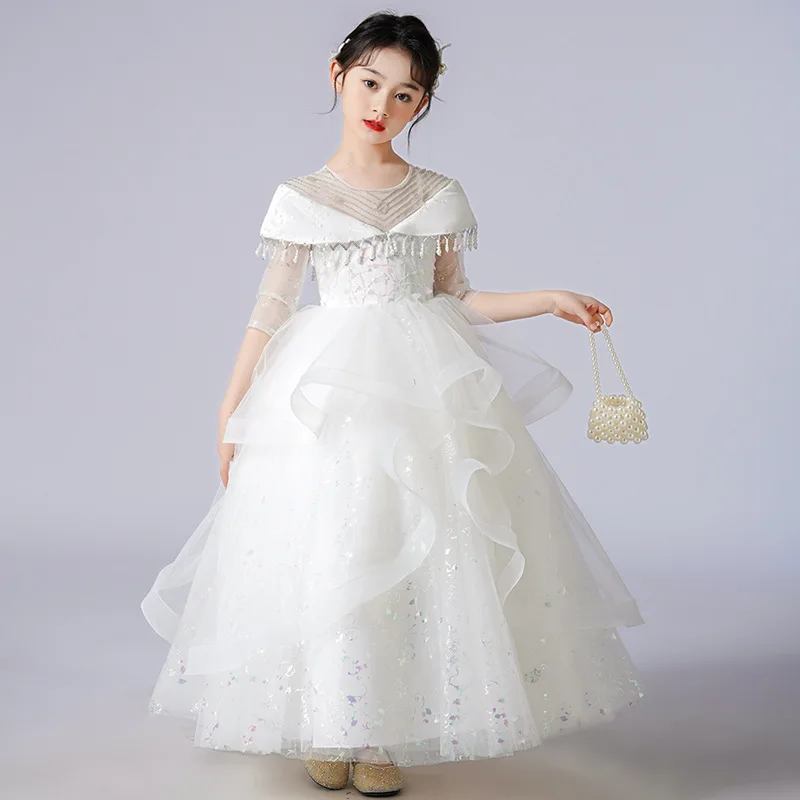 4-12 Year Old New Girls' Dress Flower Fluffy Tulle Fluffy Cake Dress Girls'  Piano Performance High End Banquet Evening Dress