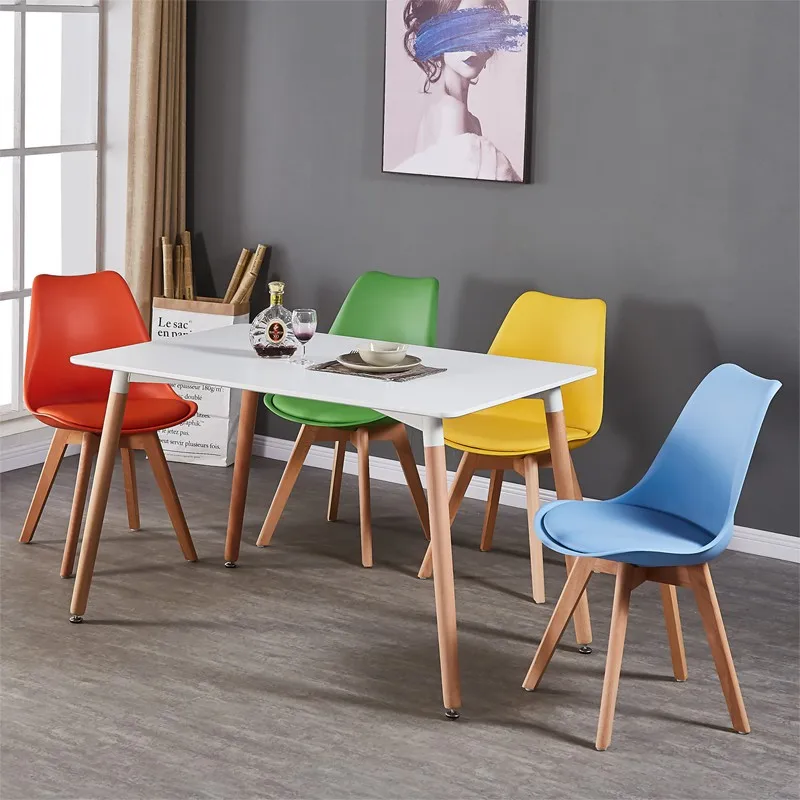 Wholesale Colored Leather Cover Plastic Back Wood Leg Sillas Tulip Cafe Chairs Restaurant Cheap Leisure Plastic Dining Chair