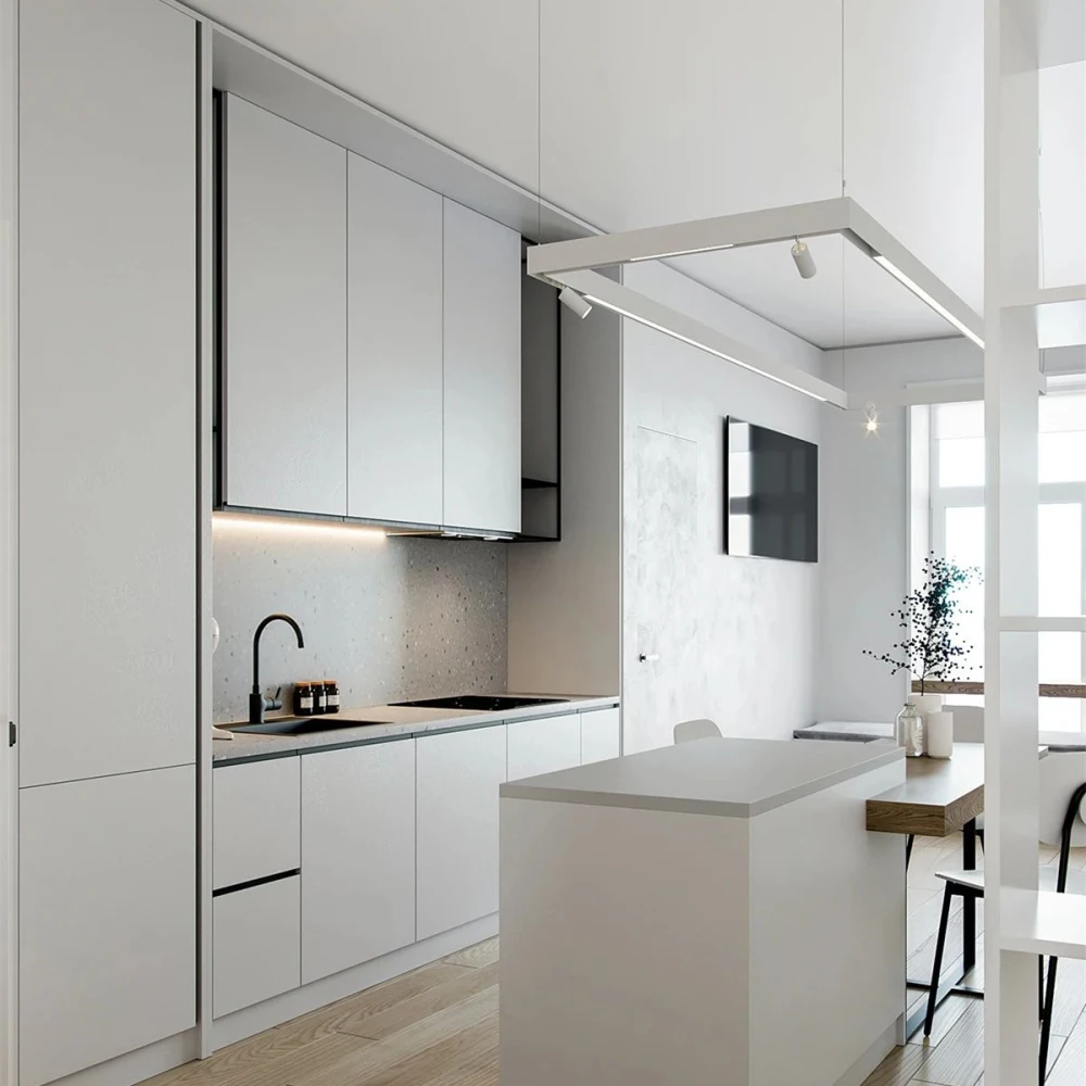 Custom Modular Modern Glossy White Lacquer Kitchen Cabinets Furniture Set With Marble Island