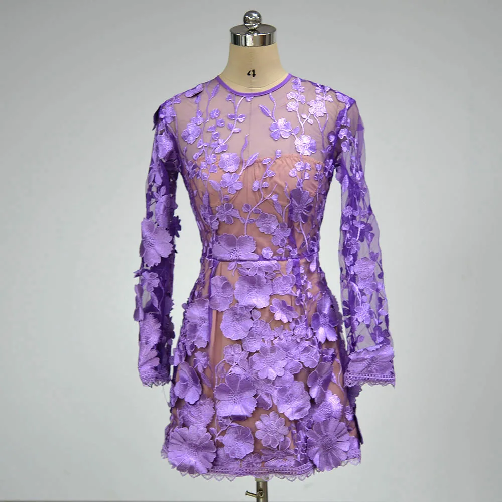 LS2539 Kimshein Long Sleeve Sexy Mesh Embroidery Flowers Dress Luxury  Elegant Women Fashion Party Dresses