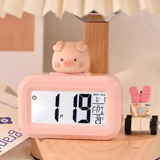 LED Digital Clock Cute Rome Decor Cartoon Pig Alarm Clock with Night Light Room Cute Watch Bedroom Bedside Ornaments