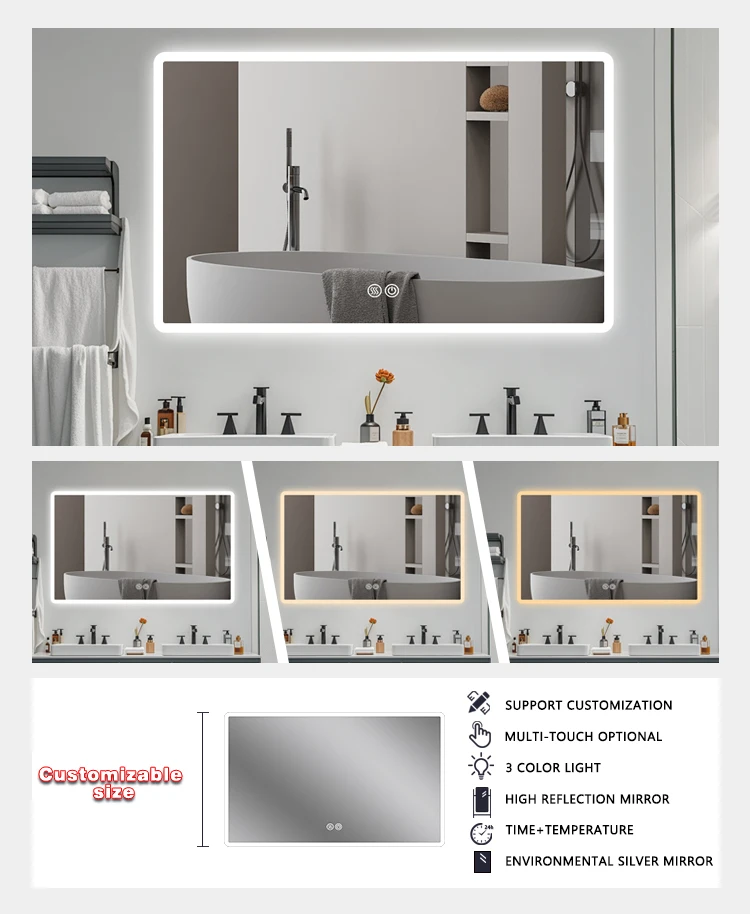 product led illuminated bathroom mirror wall hanging fogless backlit home decoration ip44 rated lighted wall mounted mirror468-4