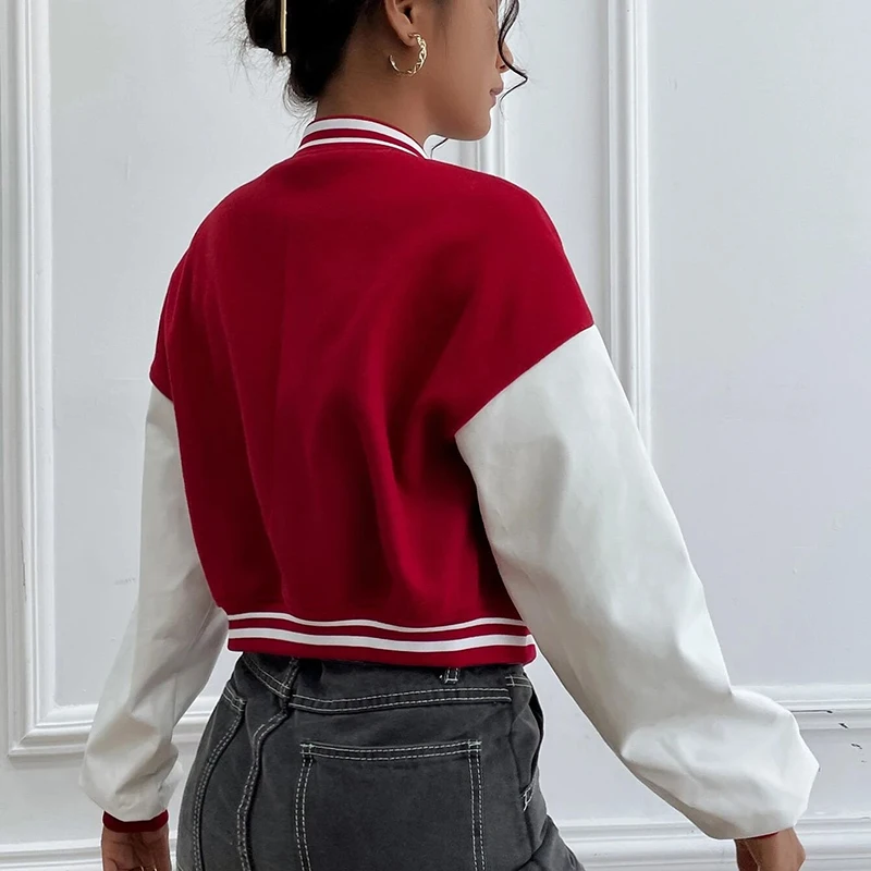 Letter Patched Striped Trim Drop Shoulder Varsity Jacket