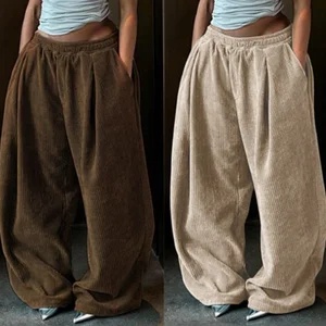 Viviblook Z1023PT Women Autumn Loose Simple Basic Pocket High Waist Trousers Casual Wide Leg Pants