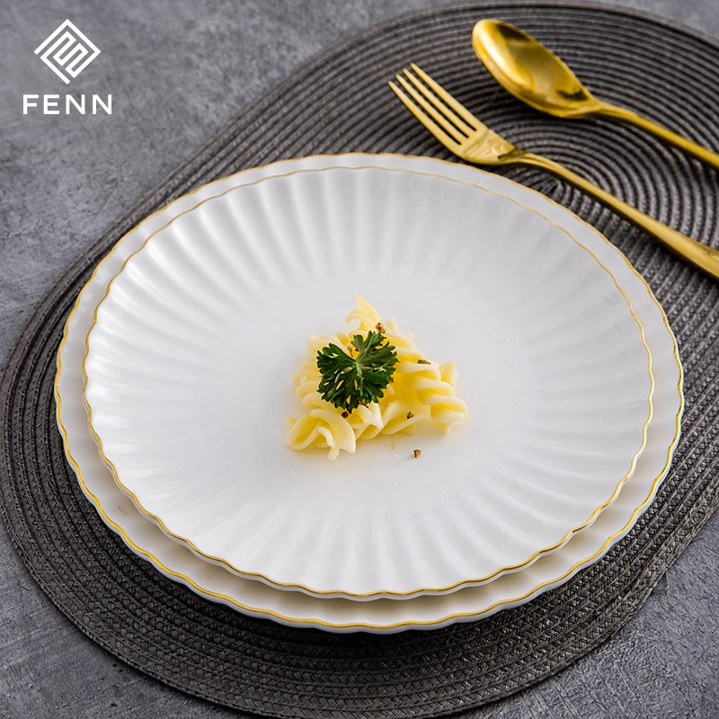 8/10 Inch Luxury Gold Edge Wedding Dinner Charger Plates Glossy New Bone China Wedding Ceramic Salad Dinner Dishes Plates