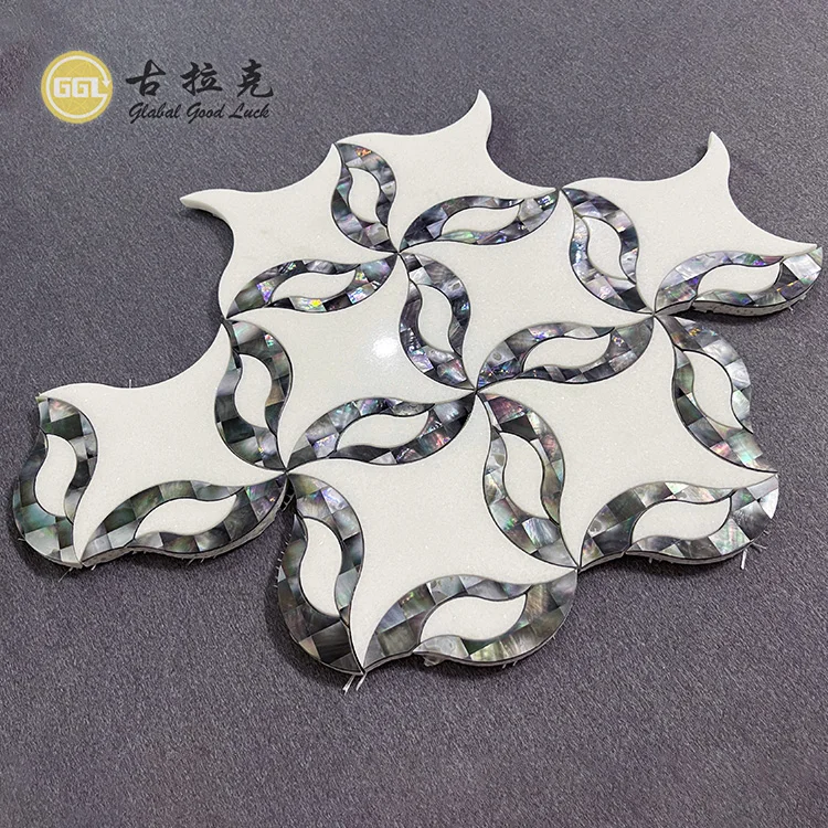 Exquisite Black Lip Pearl Shell Mix White Marble Tile Flower Pattern Mosaic Tile Water Jet Marble Mosaic Tile for Wall Decor