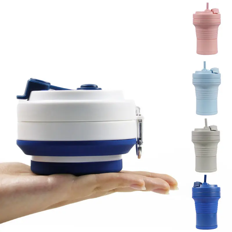 Outdoors Camping Hiking Foldable Food Grade BPA FREE Silicone Water Bottle Coffee Sippy Baby Cups  With Straw