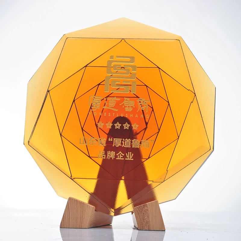 High-Grade New LiuLi Crystal Award Plate Wood base Color Glaze Commemorative Souvenir Outstanding Employee Feng Shui Anniversary