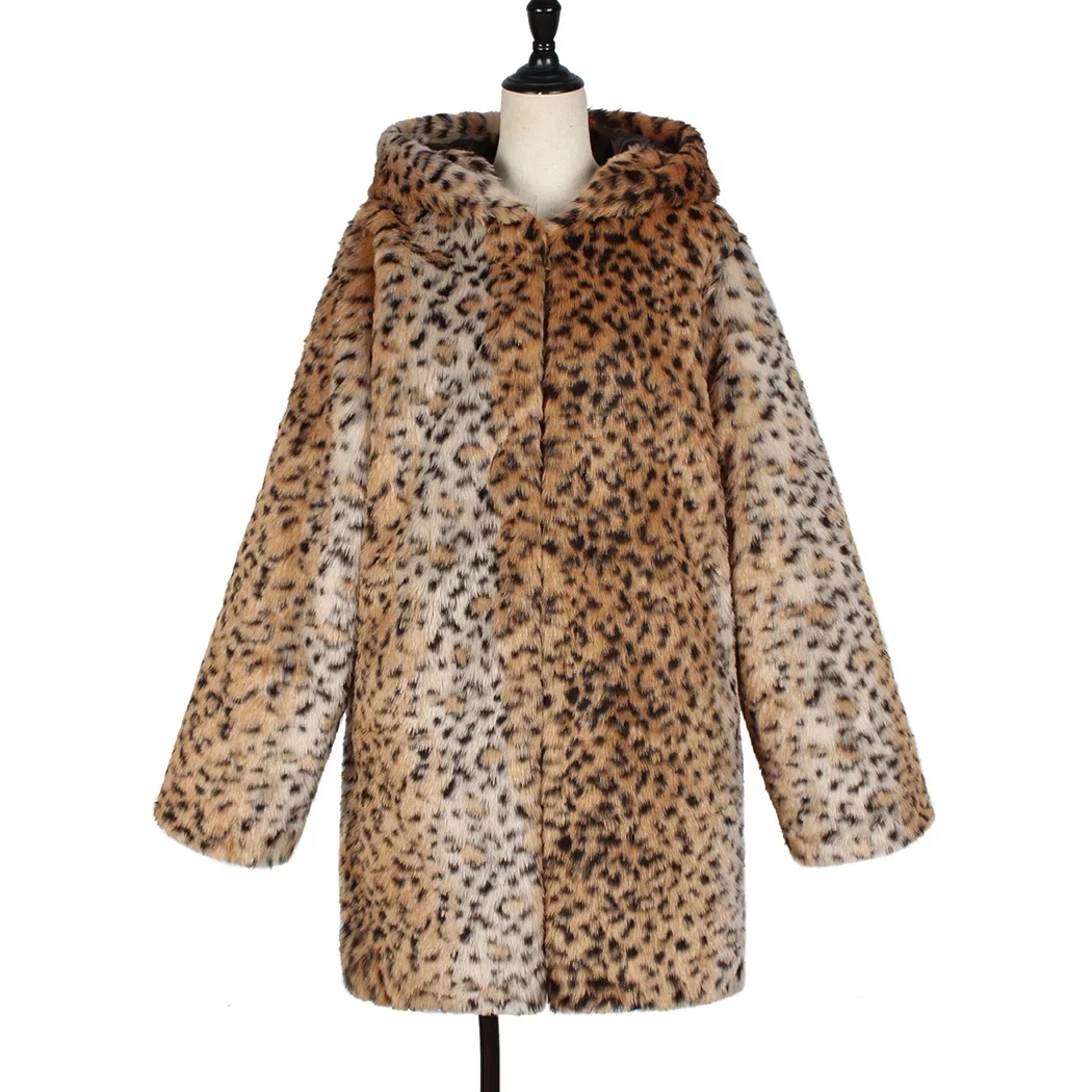 Cappotto di pelliccia di volpe da donna con cappuccio e motivo leopardato, stile medio lungo, invernale_voghion.com
