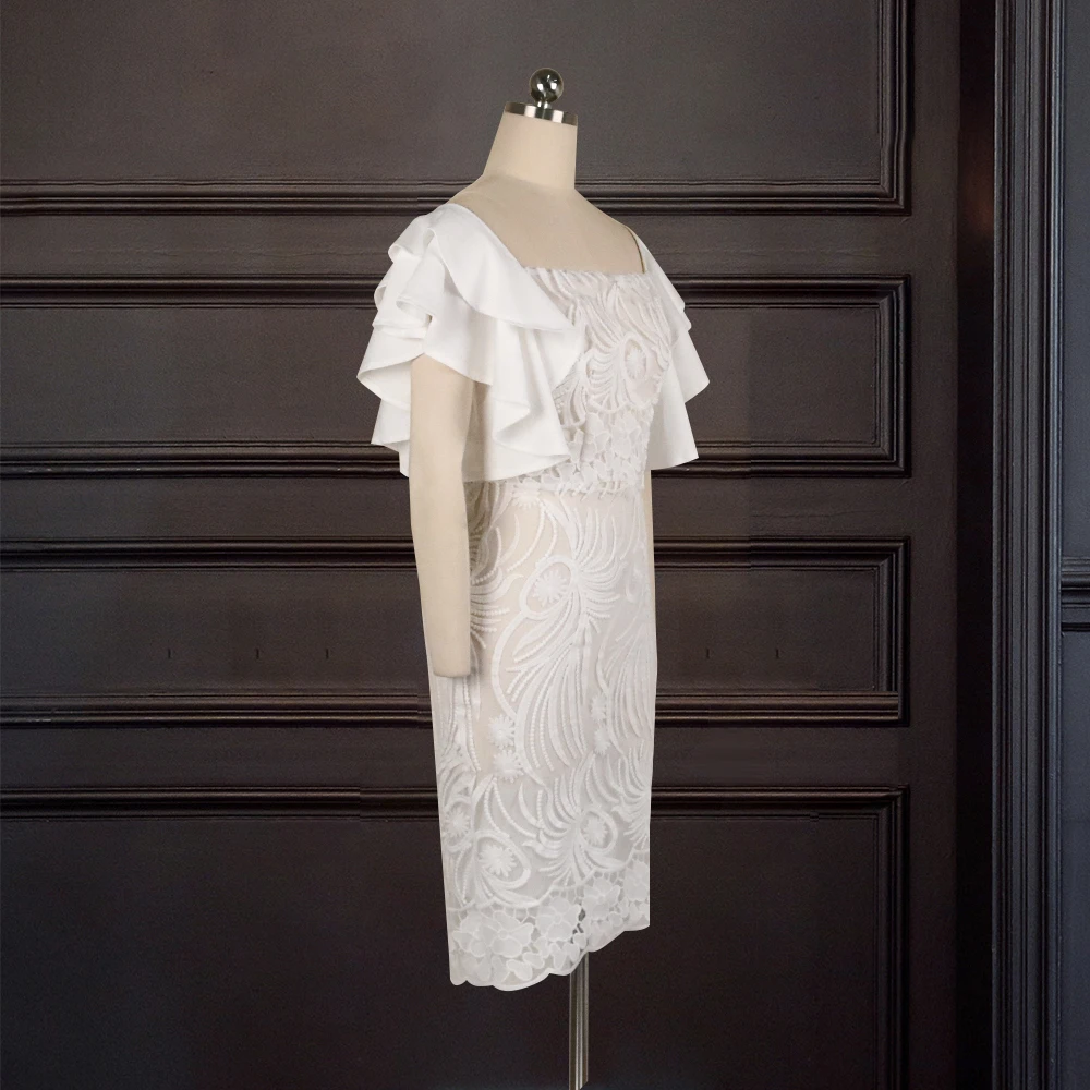 Latest Elegant White Lace Chic One Shoulder Ruffle Lady Evening Dress