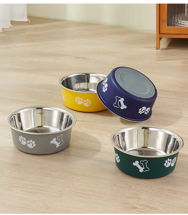 Pet Paw Bone Printing Anti-drop Stainless Steel Bowl Feeders Anti-slip Rounded Cat Dog Bowl Pet Feeding Products supplier