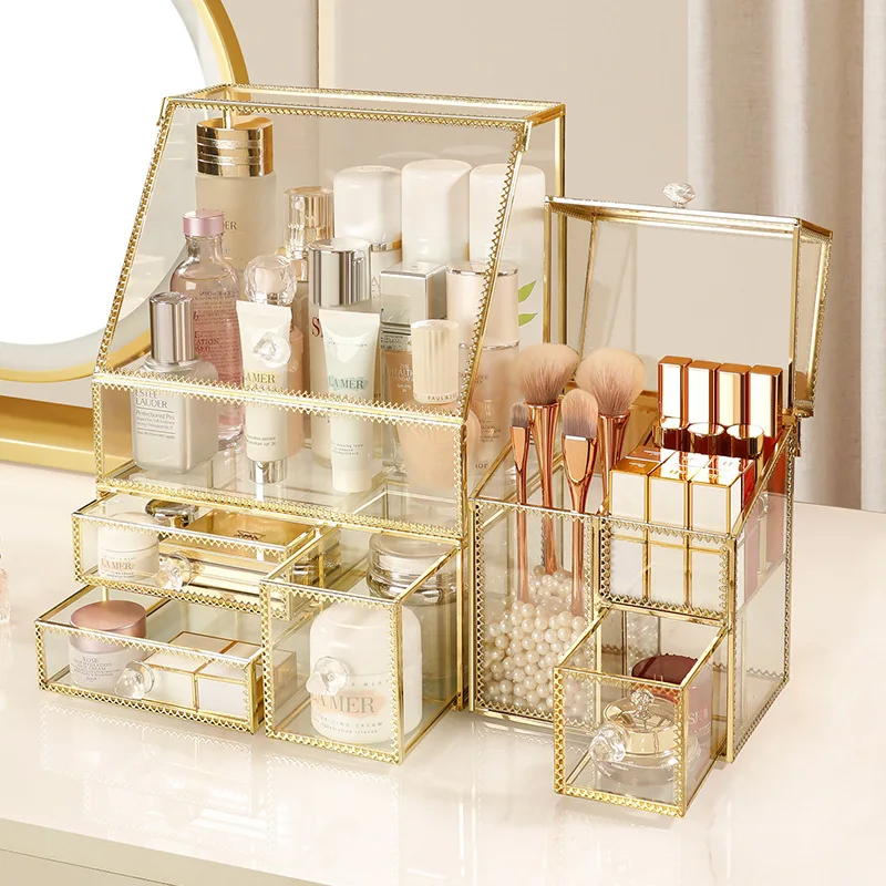 Cosmetics storage box transparent glass dustproof household desktop lipstick skin care products perfume shelf supplier