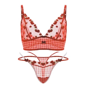 Retro Cherry V-Neck High-Rise Wire-Free Sexy Breathable Mesh Fabric Embroidery Plus Size Bra Set for Young Women