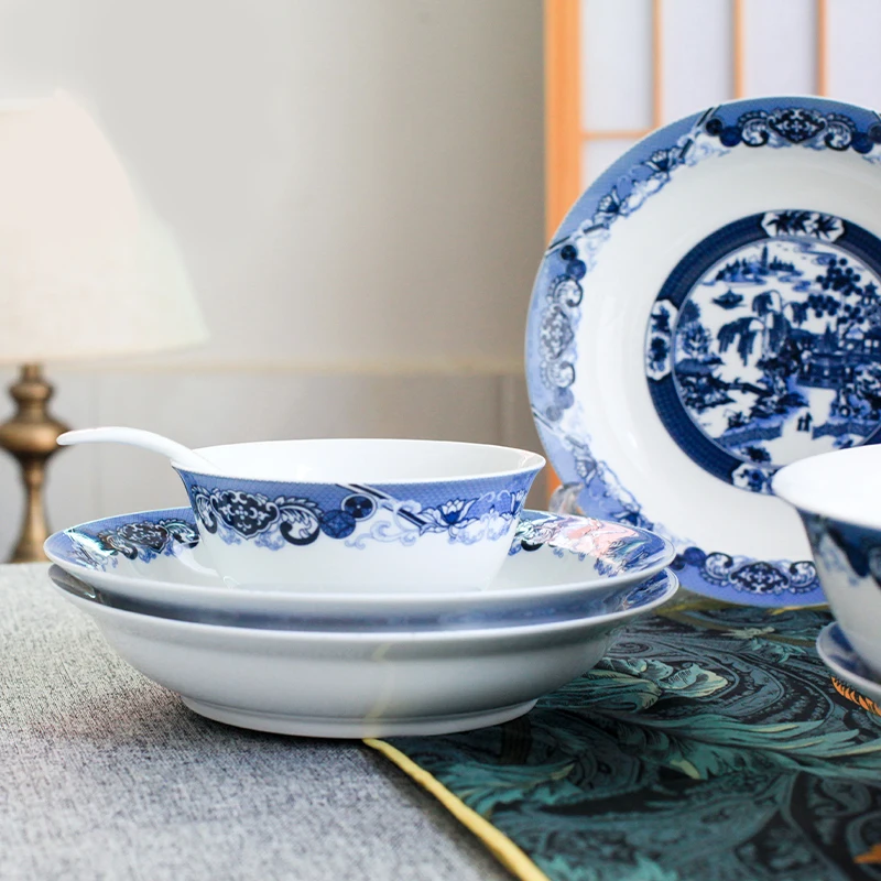 Exquisite Jingdezhen Bone Porcelain Tableware Set Underglaze Colored Bowl Chopstick Combination Chinese Household Use Ceramic factory