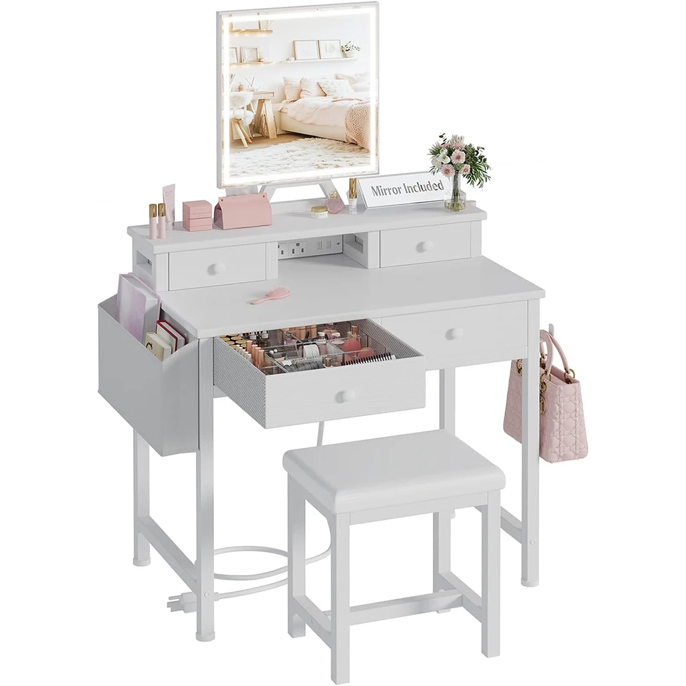 Modern White MDF Panel Makeup Vanity Desk Mirror Lights Set Chair Dresser Table Drawers Power Outlet Girls Bedroom Small Space
