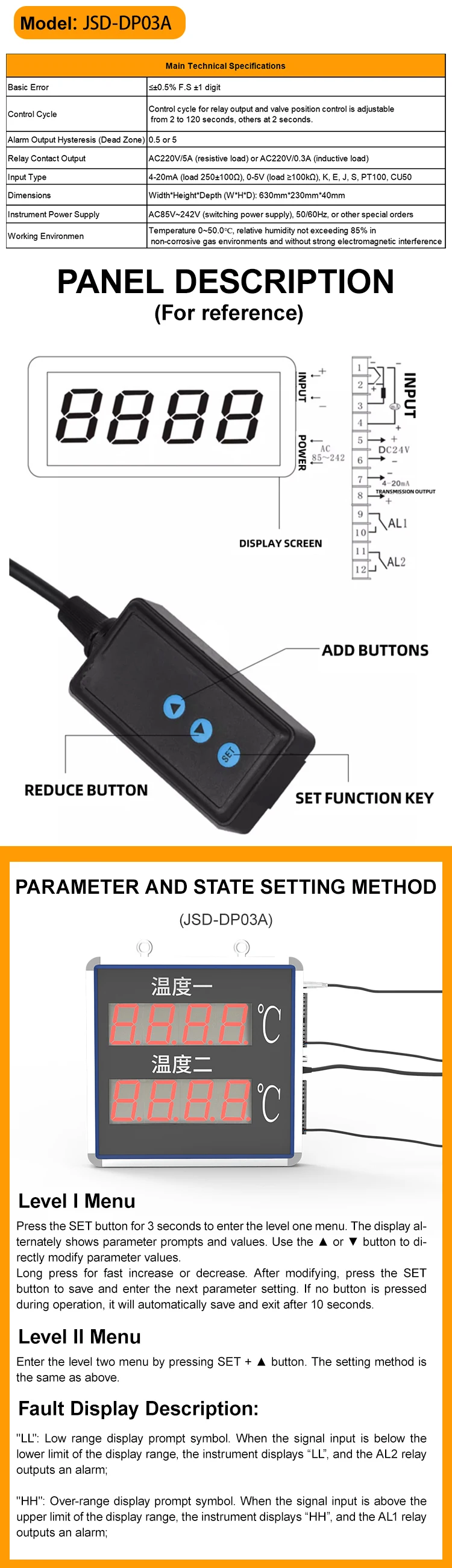 KASINTON JSD-DP03A Large Screen Temperature Controller Led Screen Dual Channel Temperature Display Meter supplier