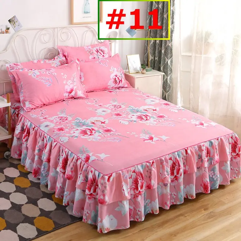 Hot New Bed Skirts Set Double Layer Bedspread Floral Printed Bed Sheet