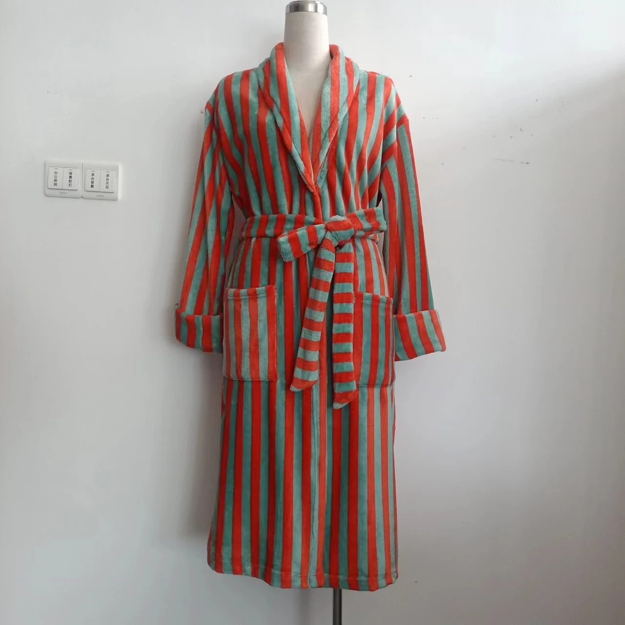 Comfortable Soft Men's and Women's Style Striped Nightgown Winter Velvet Robe