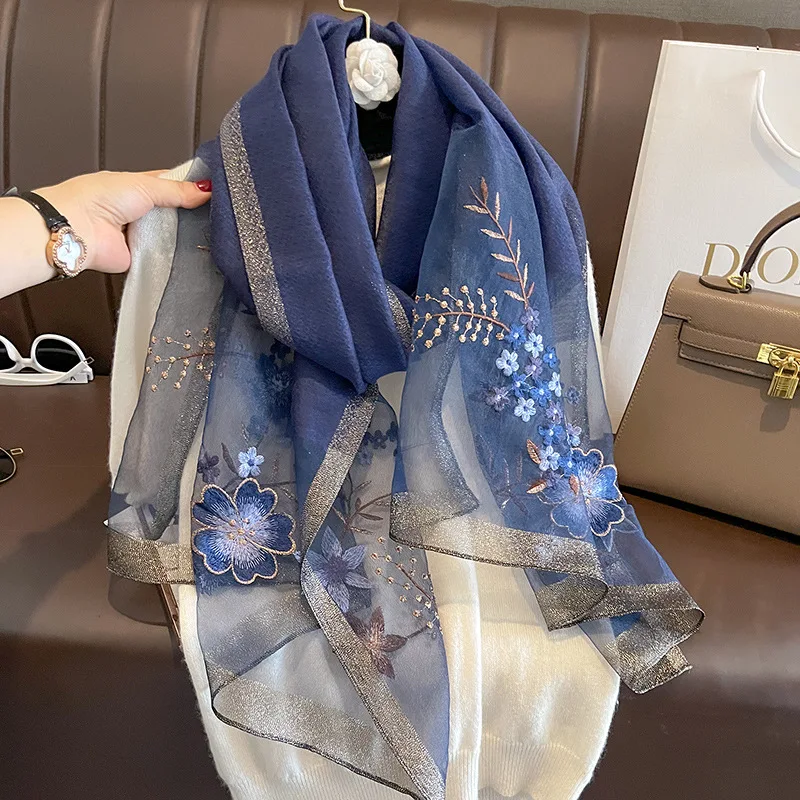 New Designs Ladies Fashion Embroidered Silk Wool Shawls for Evening Dress  Elegant Embroidery Flower Silk Organza Scarves Women