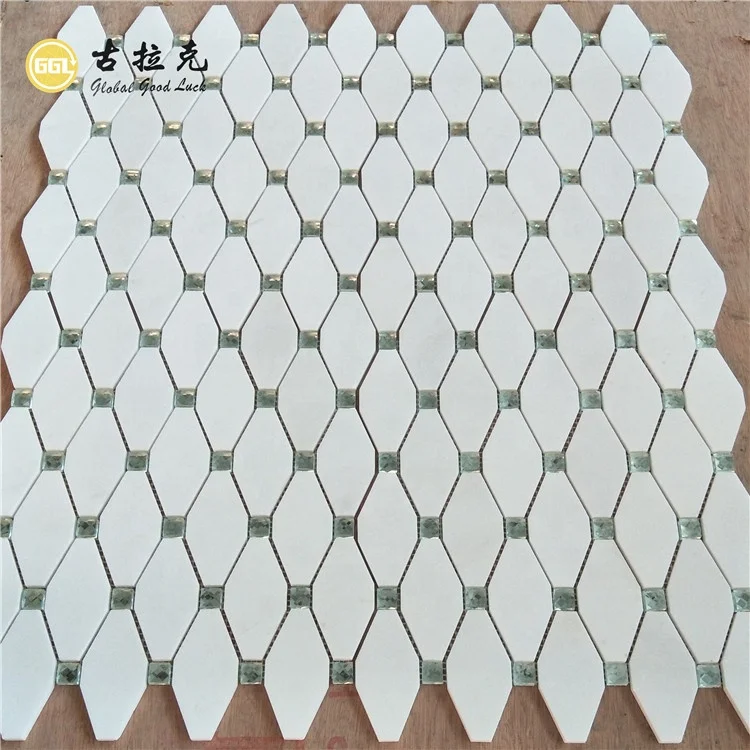 Nature Thassos White Marble With Crystal Glass Long Hexagon Pattern Wall Decoration Mosaic Tiles supplier