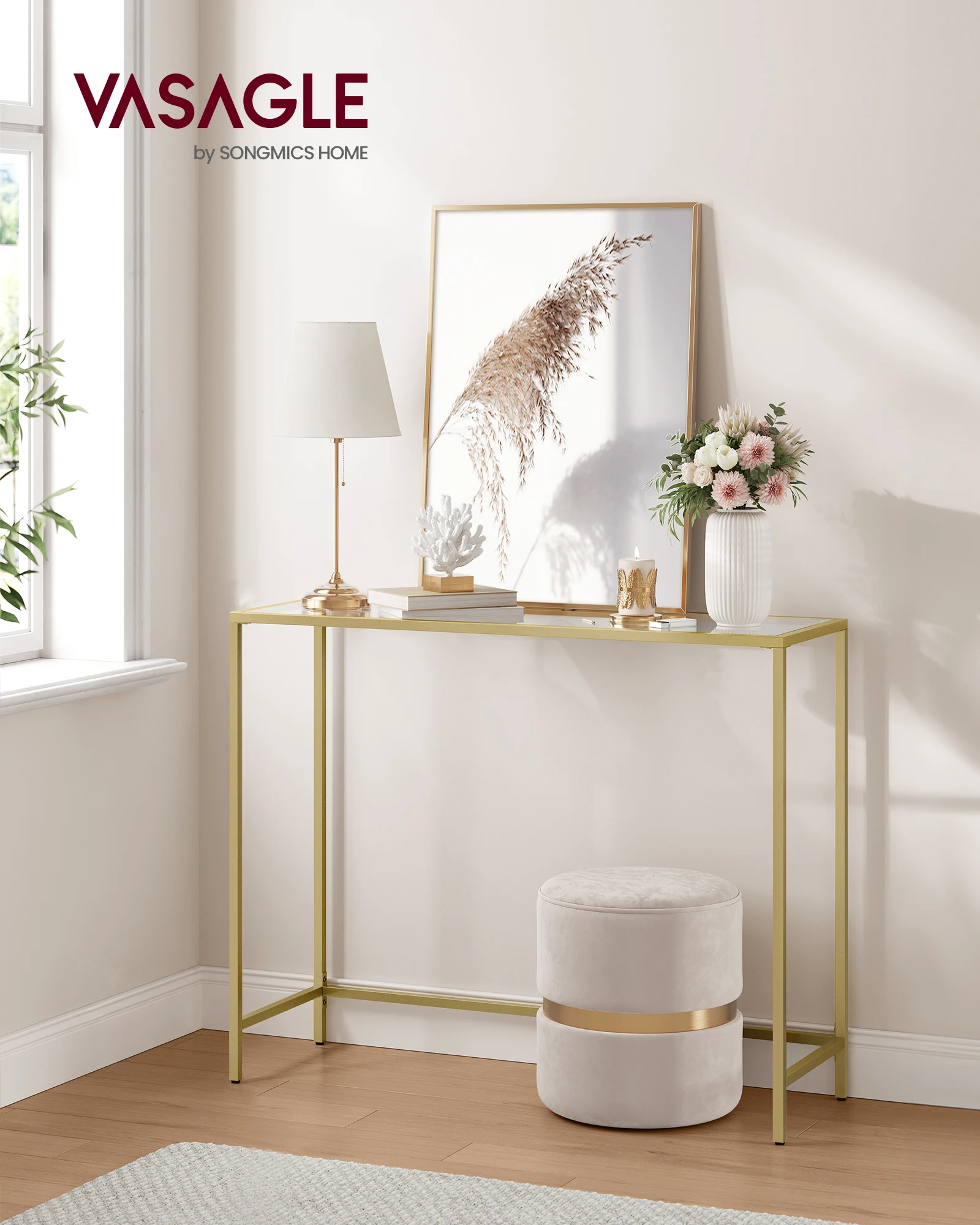 VASAGLE Easy Assembly Modern Entryway Table Gold Tempered Glass Sofa Table Slim Metal Console Table Frame