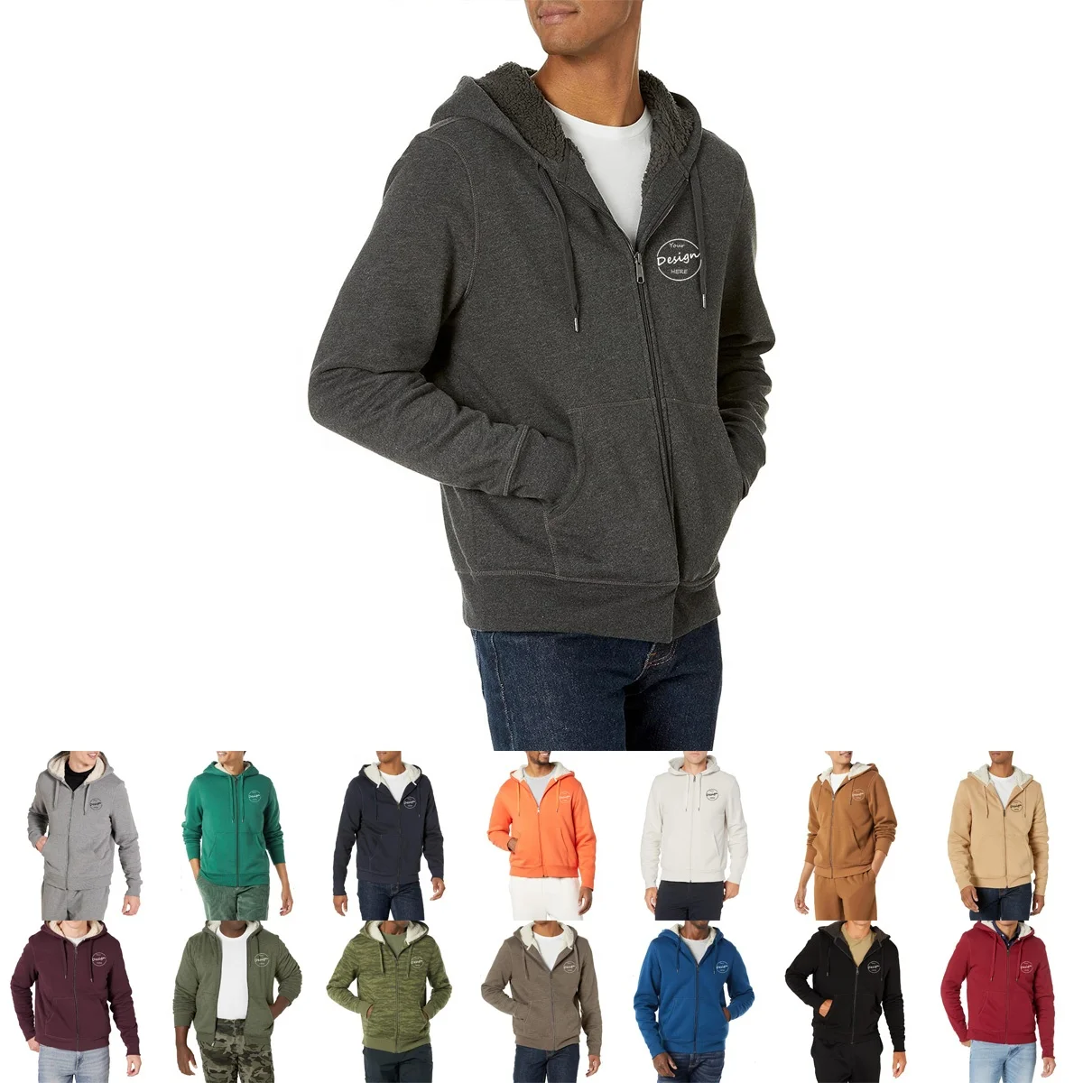 JL812F 400GSM Heavy Polar Fleece Zipper Cardigan Hoodie Loose Coat Full Zip up Hoodies Pattern for Men