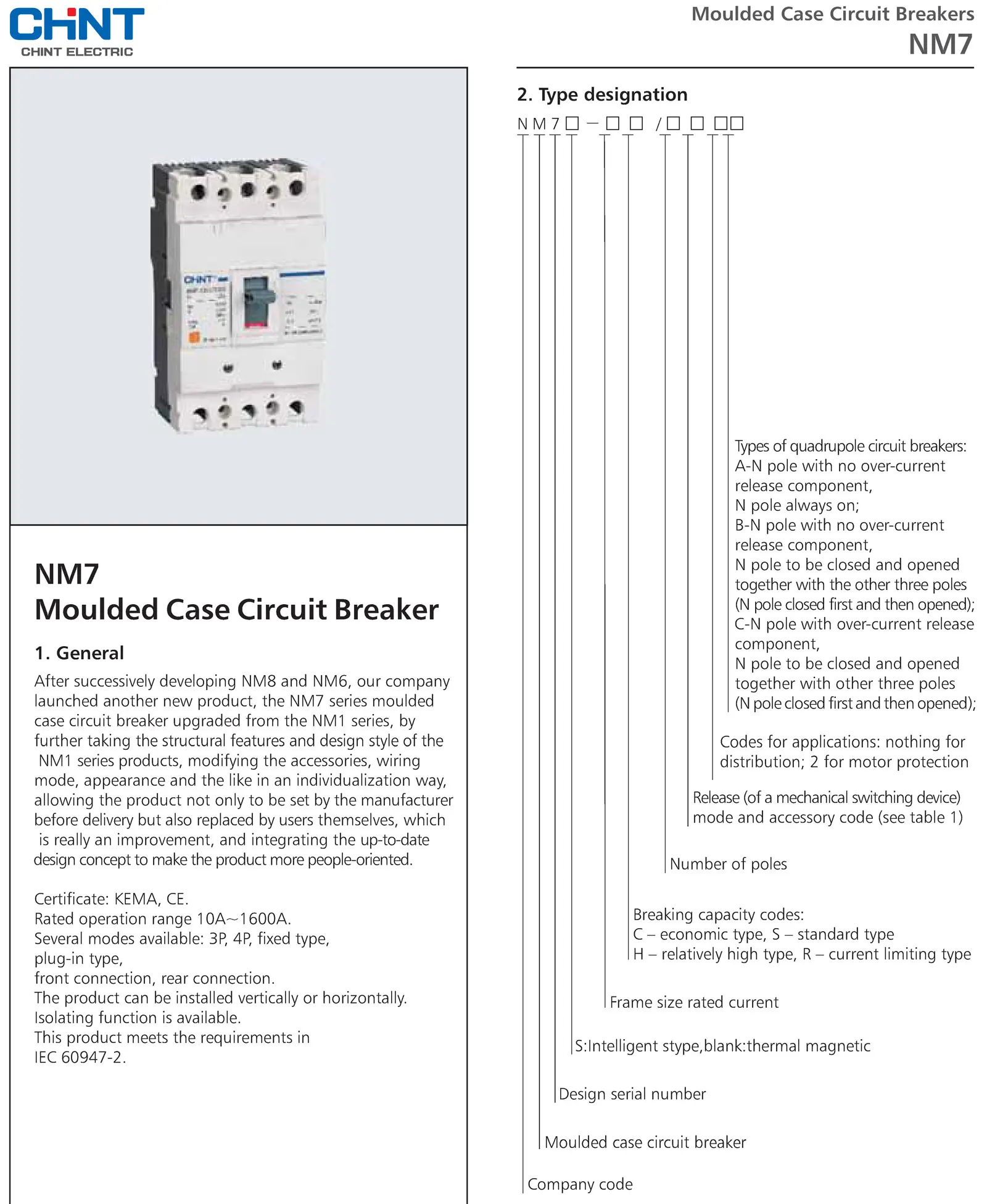 Chint original NM7 Molded Case Circuit Breaker NM7-125 NM7-250 NM7-400 NM7-630 NM7-800 NM7-1600 CHNT Chint NM7 MCCB