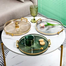 Wholesale Transparent Decorative Lucite Storage Insert Rolling Serving Trays Clear Acrylic Color Tray With Gold Metal Handles