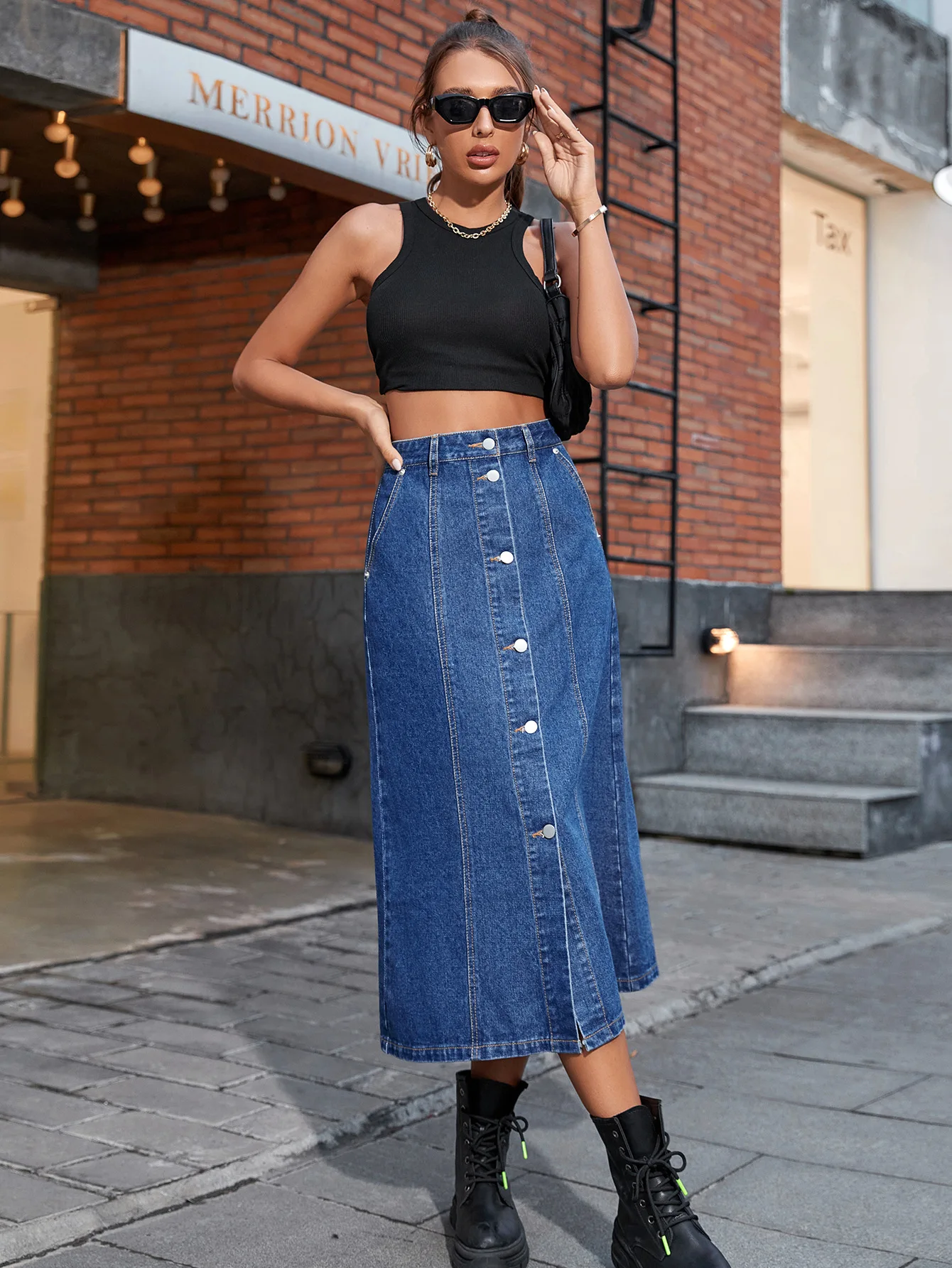Jupe Longue Maxi Bleue Forever 21 Avec Fente Latérale - Taille S Occasion