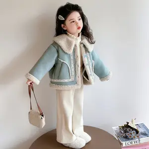 Girls' Suit Autumn Winter New Korean Style Fur One Top Fleece Warm Straight Pants Western Style Children's Fashion
