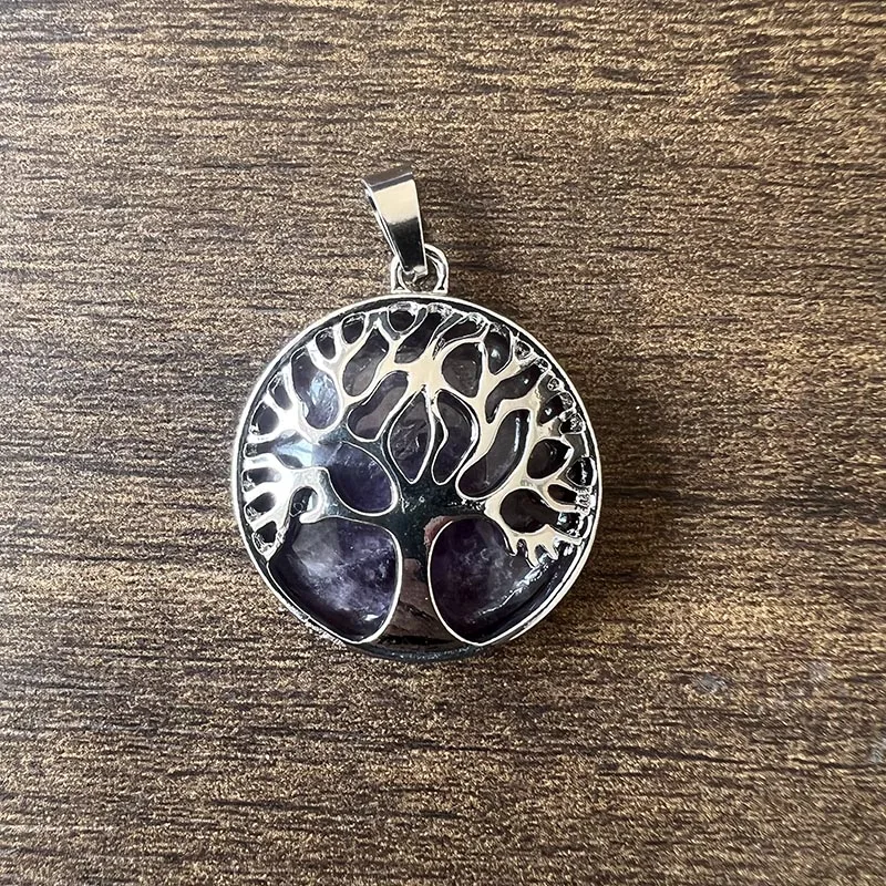 Natural Stone Tree of Life Crystal Pendant Alloy Tree of Life Necklace with Gemstone Rose Quartz Amethyst Tiger Eye Pendant