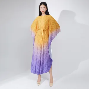Best-Selling Pleated Dress 2025 New Design Plus Size Long Cardigan Casual Style With Belt Gradient Color Dress