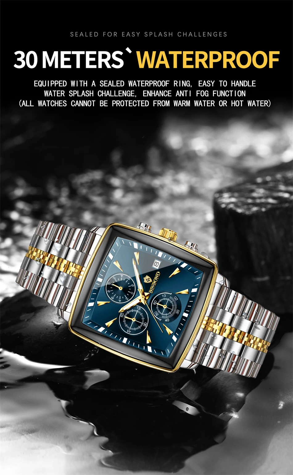 BINBOND Luxury Gold Blue Square 40mm Chronograph Dial Watch for Men B911