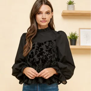Women's Formal Black Floral Velvet Blouse-Loose Fit Woven Fabric Stand Collar Puff Sleeves Simple Design Spring/Winter/Autumn