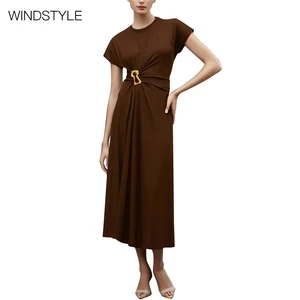 Women's Casual Summer Dress with Neck Pleated Metal Decorative Stitching Design Knee-Length Solid Pattern for Day Occasions
