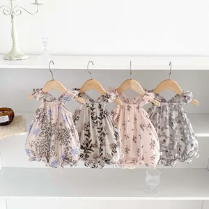 Summer Floral Pattern Flutter Sleeve Strap Casual Breathable Gauze Button Thin Jumpsuit Crawling Outfit Baby Girl Rompers