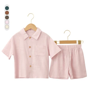 Professional Supplier Summer Infant Short Sleeves Button Design Linen and Rayon Children Two Pieces Sets