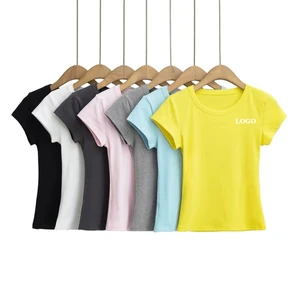 Custom LOGO Women's Cotton Stretch Yoga Top Slim-Fit Short Sleeve Round Neck Solid Color Gym Workout T-Shirt