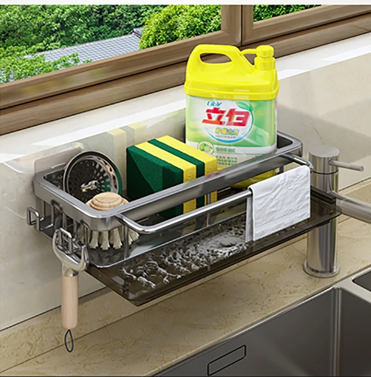 Kitchen Unch-free Wall-mounted Sink with Rags Dishwashing Sink Arrangement Detergent Draining Towel Storage Rack Metal Aluminum