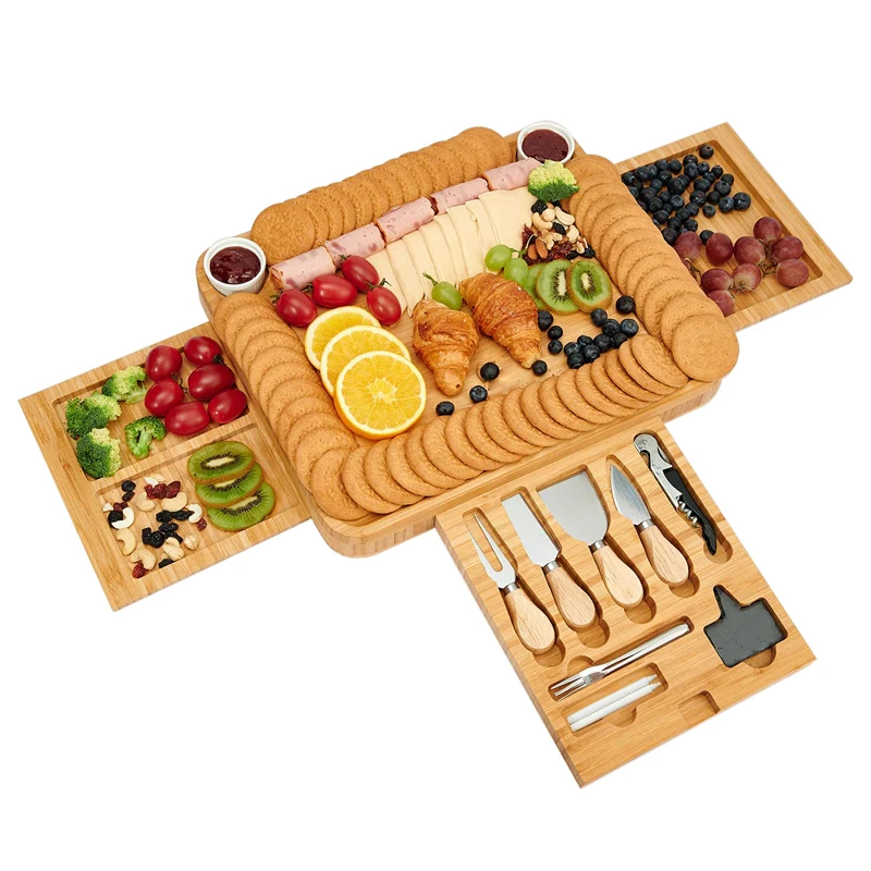 Eco-friendly Stainless Steel Knife Bamboo Cheese Board and Charcuterie Serving Board 16x13x2