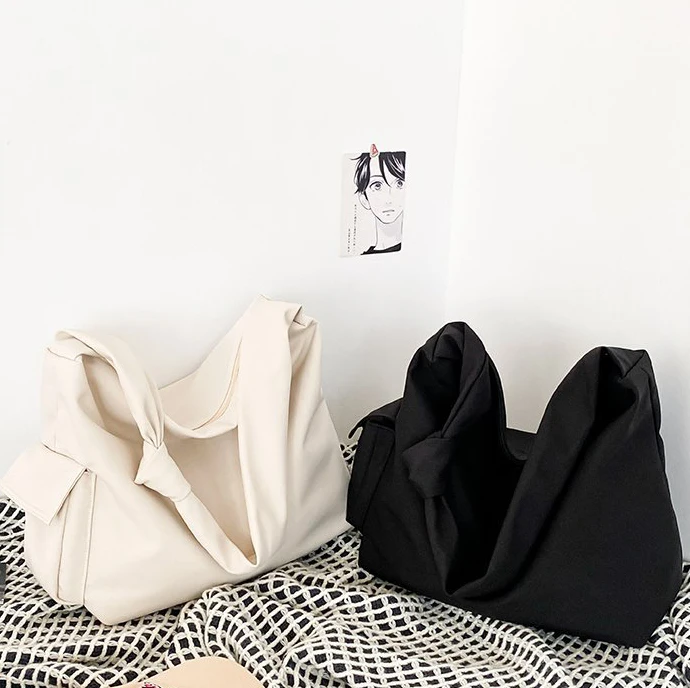 Solid Color Large Capacity Minimalist Practical Leisure Travel Campus Sports Yoga Square Nylon Tote Bag Side With Two Pockets