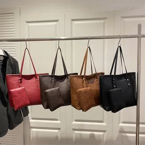 Simple Solid Color Tote Bag for Women Fashion Shoulder Bag with Wallet Large Capacity PU Leather Handbag