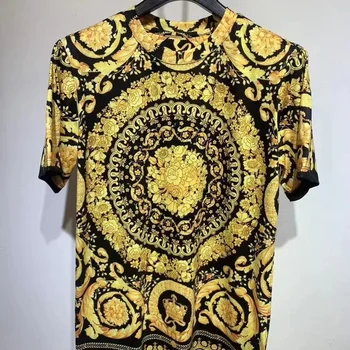 Spring summer classic printed T-shirt pure cotton elastic thread court style Baroque casual style