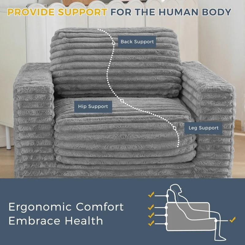 YILISTAR Light Grey High-Density Foam Living Room 1 Person Sofa Modern Compressed Foam Giant Minimal Compress Boneless Couch